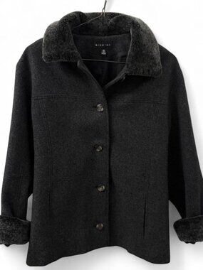 Braetan Wool Blend Women's Charcoal Gray Coat with Faux Fur Collar and Cuffs